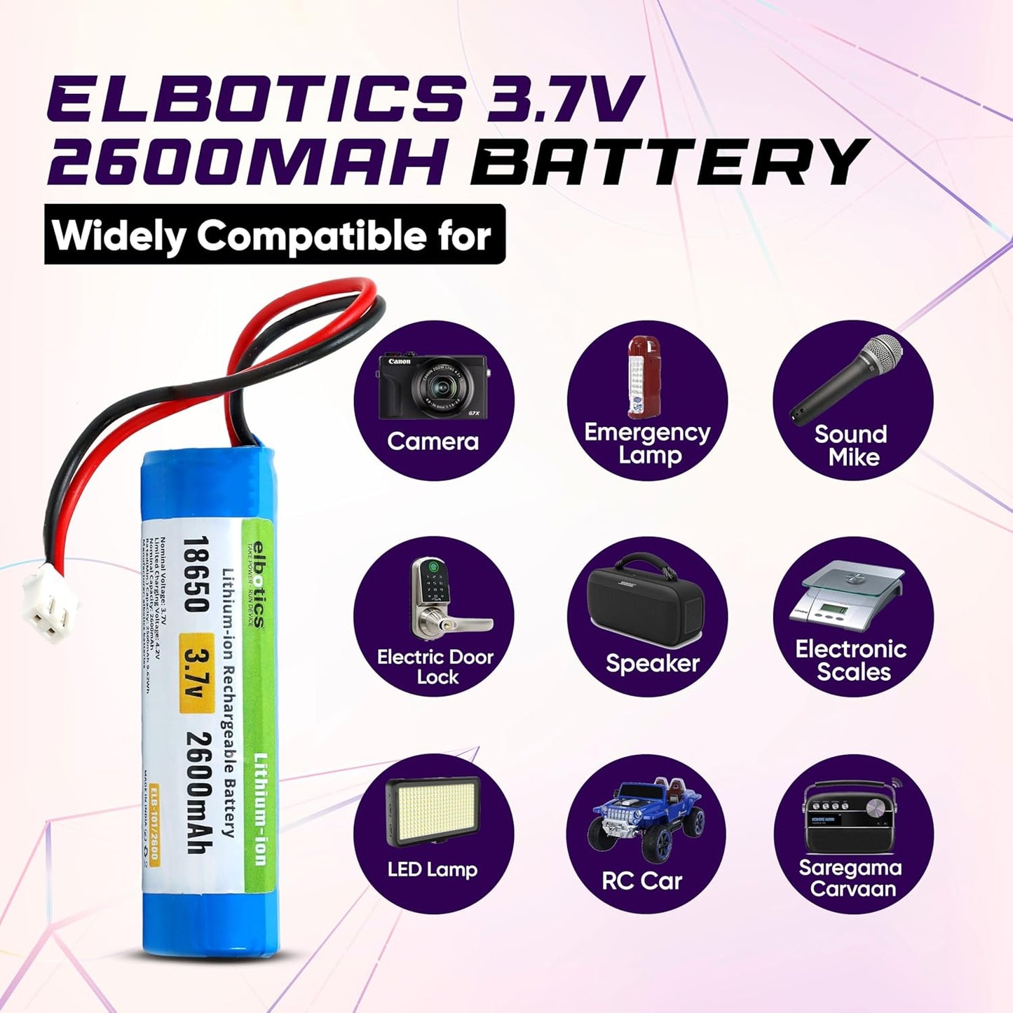 ELBOTICS 3.7V 2600mAh Li-ion Rechargeable Battery with XH2.54 Connector for DIY Electronics, Toys & Bluetooth Devices
