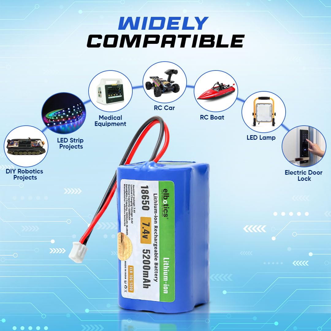ELBOTICS 7.4V 5200mAh Li-ion Rechargeable Battery Pack with JST XH2.54 2-Pin Connector for RC Cars, RC Boats, RC Helicopters, Toys & Electronics