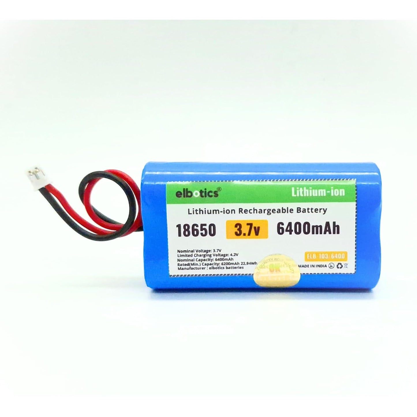 ELBOTICS 3.7V 6400mAh Rechargeable Li-ion Battery with JST PH2.0 2-Pin Connector for Bluetooth Speakers, LED Lighting & DIY Electronics