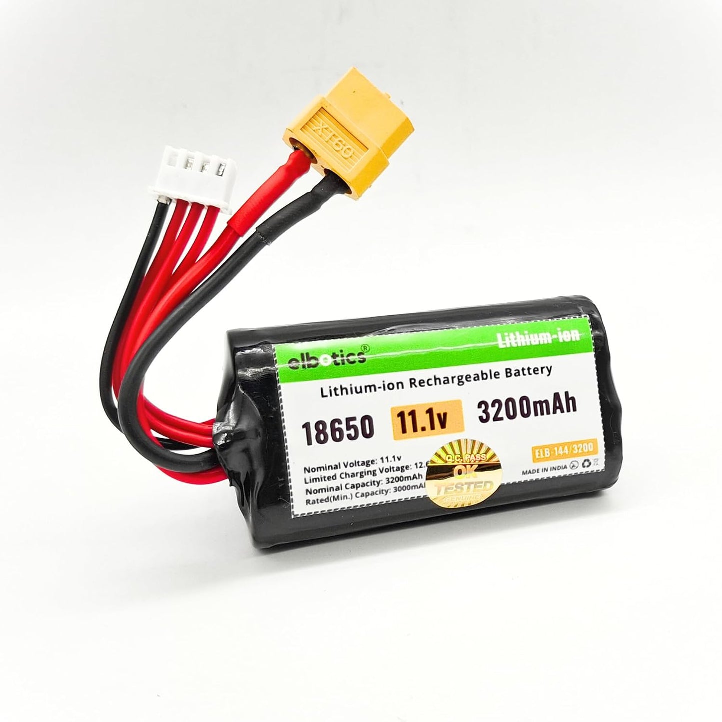 ELBOTICS 11.1V 3200mAh 3S Li-ion Rechargeable Battery Pack with XT60 Connector for RC Cars, Drones, Robots, Power Tools & DIY Projects
