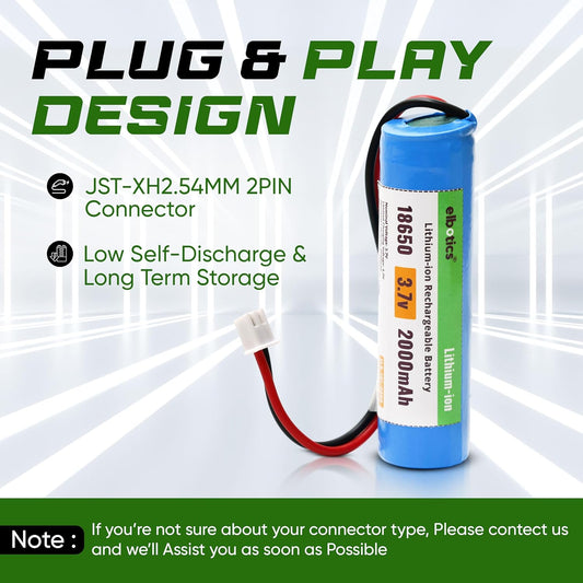 ELBOTICS 3.7V 2000mAh Li-ion Rechargeable Battery with XH2.54 2-Pin Connector for DIY Electronics, Toys & Bluetooth Devices