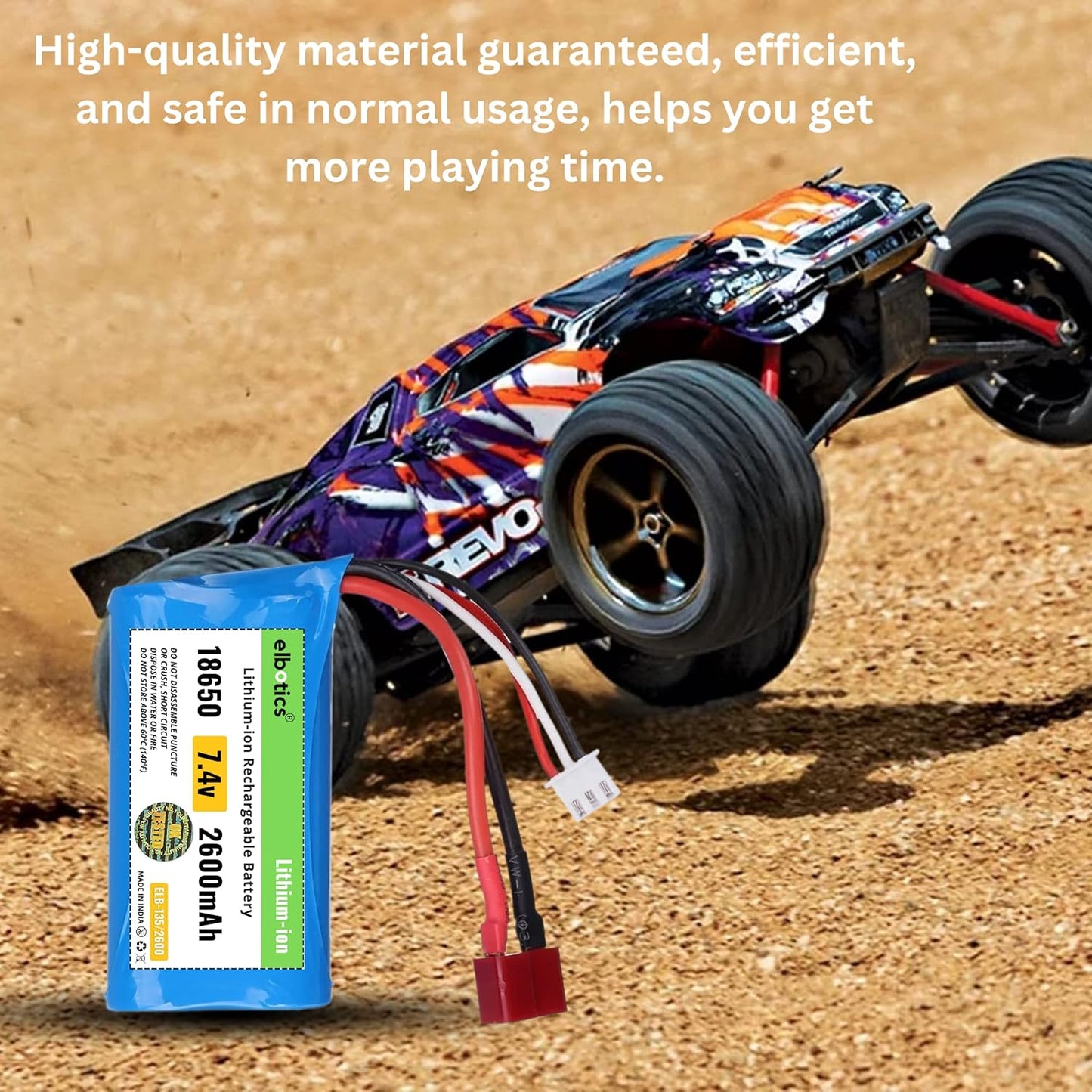ELBOTICS 7.4V 2600mAh Li-ion Rechargeable Battery 2S 15C with T Plug & JST-XH 3 Pin Connector for RC Cars, RC Boats & RC Toys