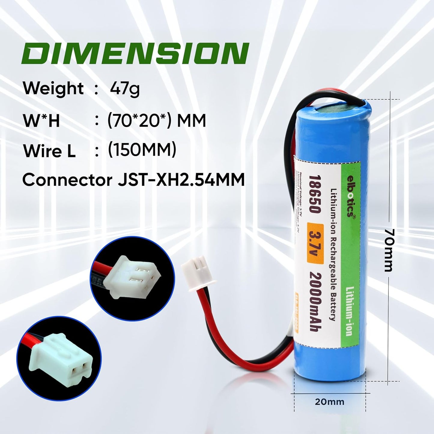 ELBOTICS 3.7V 2000mAh Li-ion Rechargeable Battery with XH2.54 2-Pin Connector for DIY Electronics, Toys & Bluetooth Devices