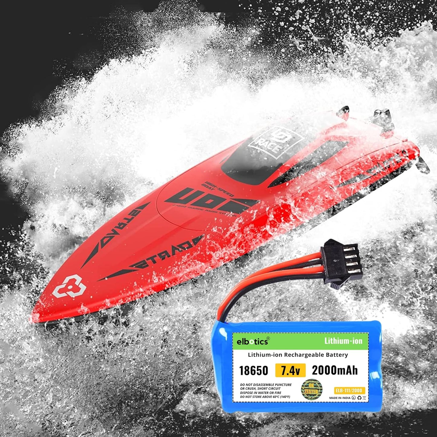 ELBOTICS 7.4V 2000mAh Rechargeable Li-ion RC Battery with SM-4P Plug & USB Charger for Huanqi 961, 962, UDI902, UDI002 RC Boat, Car & Toys