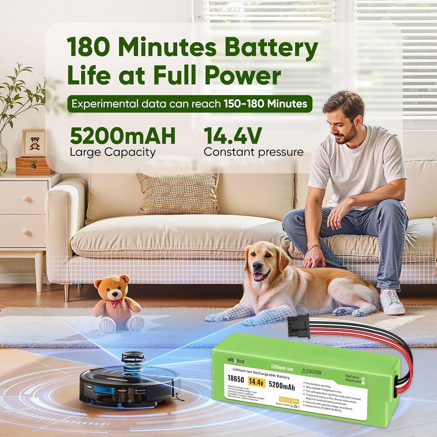 ELBOTICS 14.4V 5200mAh Li-ion Replacement Battery with 5-Pin Connector for Xiaomi Mi Robot Vacuum Mop 2 Pro, C101, MJSTS1, MJSTP, MJST1S & Mop 2 LDS 2nd