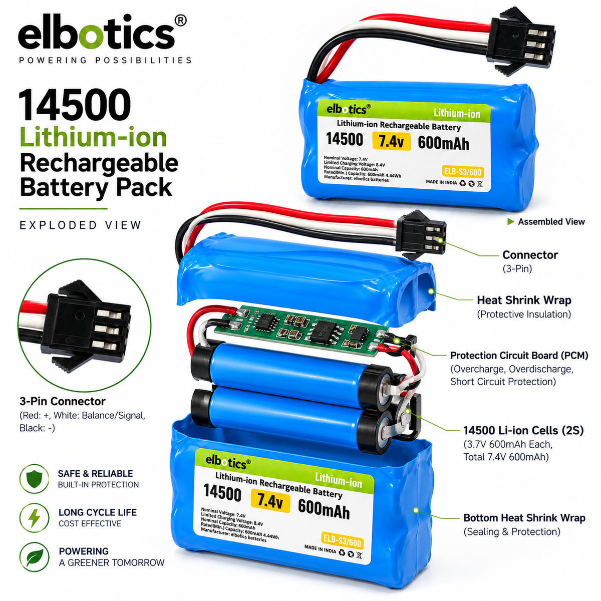 ELBOTICS 7.4V 600mAh 2S Li-ion Rechargeable Battery – 4 Wire Connector for RC Cars & Toys