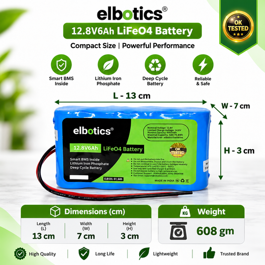 ELBOTICS 12.8V 6Ah LiFePO4 Battery with Smart BMS – 76.8Wh Deep Cycle Lithium Battery for Solar, Inverter, Backup & DIY Projects (2 Year Warranty)