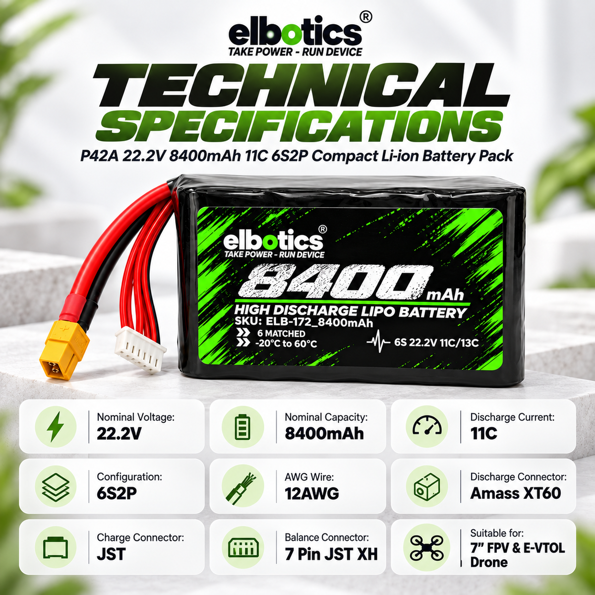 Elbotics 22.2V 8400mAh P42A 11C 6S2P Li-ion Drone Battery with XT60 for 7 Inch FPV and Small E-VTOL Drones