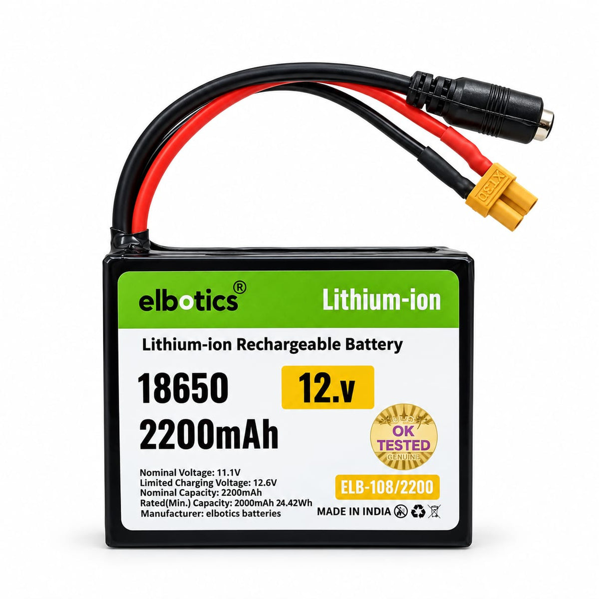 ELBOTICS 12V 2200mAh Lithium-ion Rechargeable Battery Pack | 3S 18650, 11.1V–12.6V | For CCTV, Robotics, IoT & DIY Projects