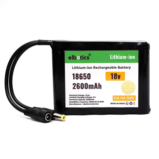 ELBOTICS 18V 2600mAh Rechargeable Lithium-Ion Battery Pack with 5.5mm DC Connector for Solar Panels, RC Cars, Drones, Robotics & DIY Electronics