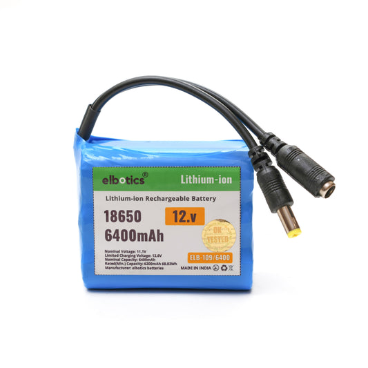ELBOTICS 12V 6400mAh 3S 18650 Li-ion Rechargeable Battery Pack (11.1V–12.6V) for Power Banks, IoT Devices, Robotics & Bluetooth Speakers
