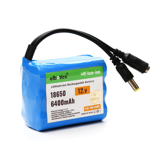 ELBOTICS 12V 6400mAh 3S 18650 Li-ion Rechargeable Battery Pack (11.1V–12.6V) for Power Banks, IoT Devices, Robotics & Bluetooth Speakers