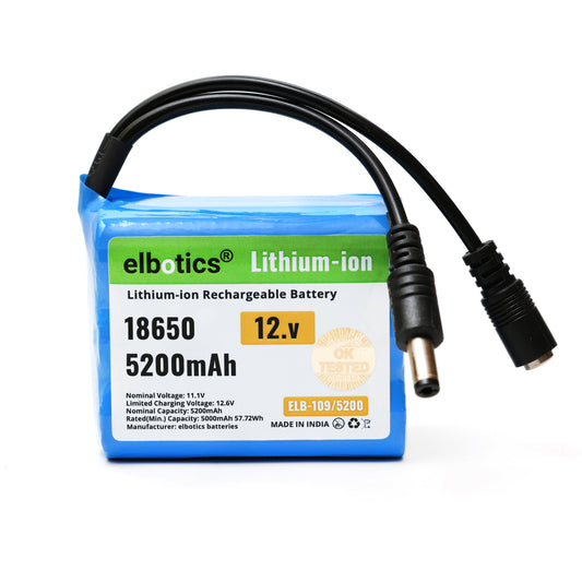 ELBOTICS 12V 5200mAh 3S 18650 Li-ion Rechargeable Battery Pack (11.1V–12.6V) for IoT Devices, Robotics, Bluetooth Speakers & DIY Electronics