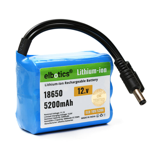 ELBOTICS 12V 5200mAh 3S 18650 Li-ion Rechargeable Battery Pack (11.1V–12.6V) for IoT Devices, Robotics, Bluetooth Speakers & DIY Electronics