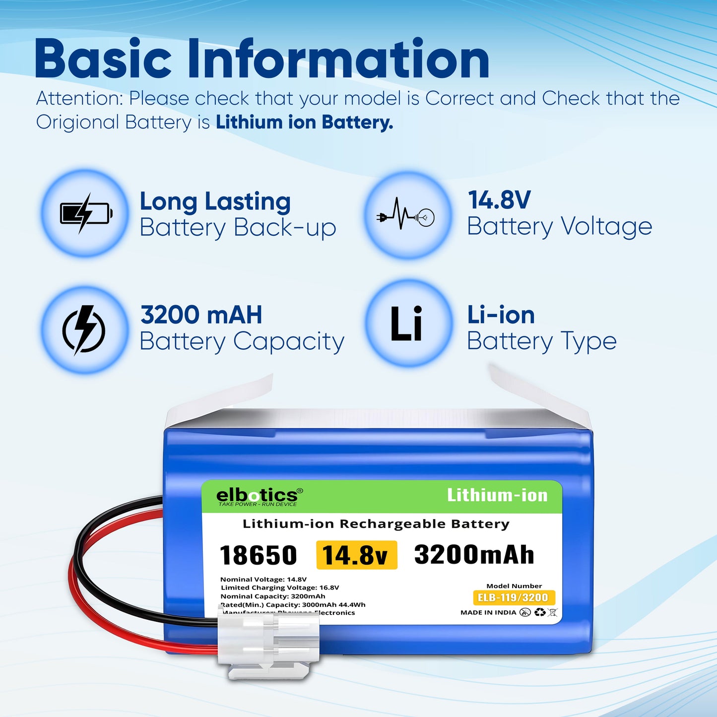 ELBOTICS 14.4V/14.8V 3200mAh Li-ion Replacement Battery Pack for ILIFE A4s, A4s Pro, A6, A7, A8, A9, L100 & W400 Robot Vacuum Cleaner