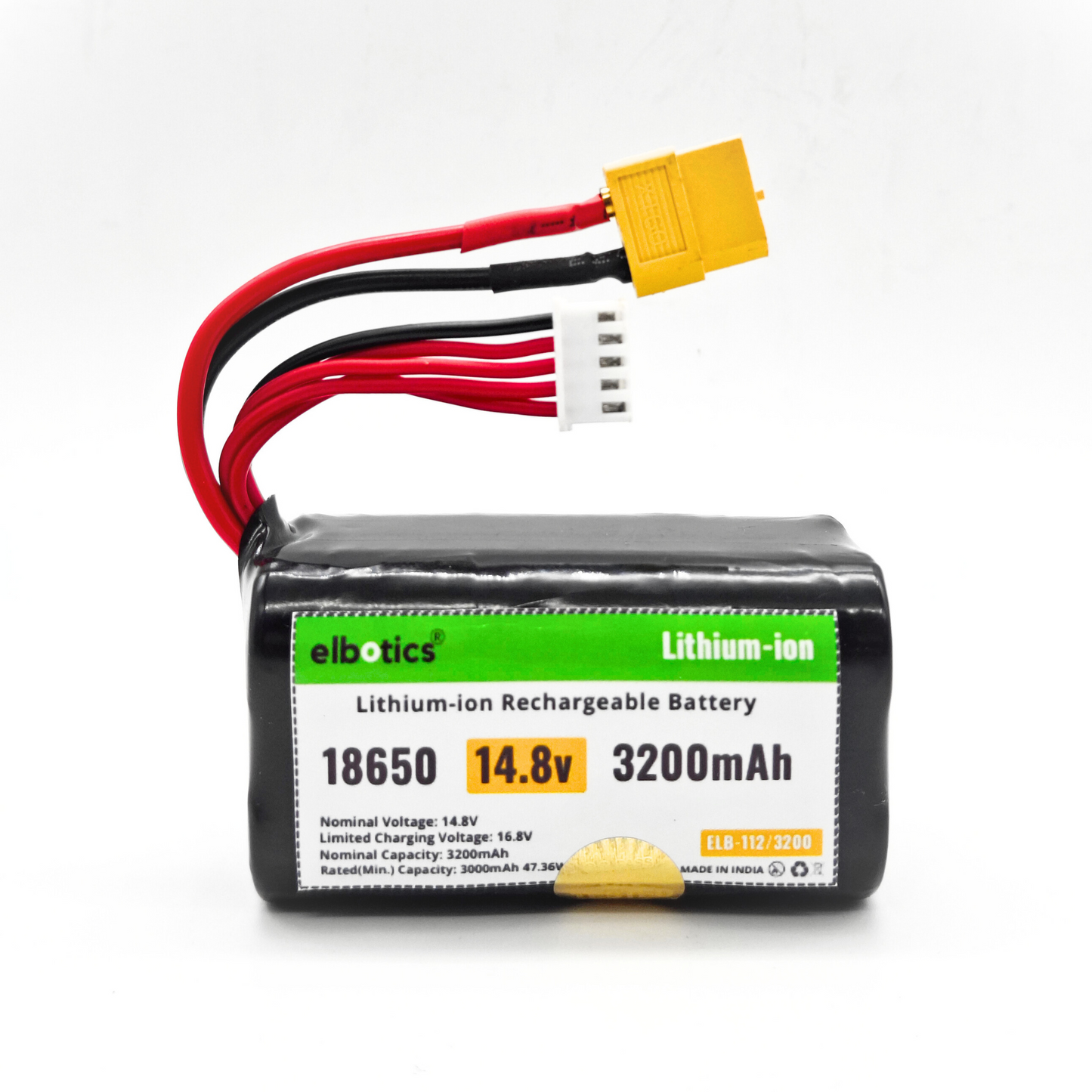ELBOTICS 14.8V 3200mAh Li-ion Rechargeable Battery Pack 18650 4S with XT60 Connector for RC Cars, Drones, Robots, DIY Projects, Quadcopters & Power Tools