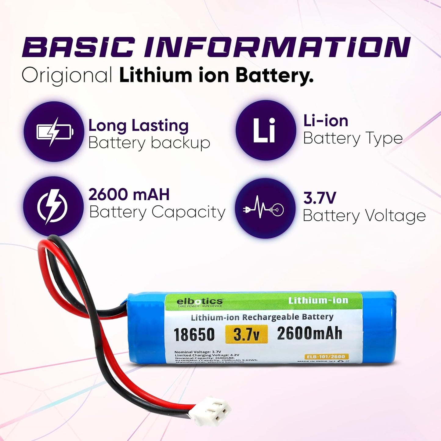 ELBOTICS 3.7V 2600mAh Li-ion Rechargeable Battery with XH2.54 Connector for DIY Electronics, Toys & Bluetooth Devices