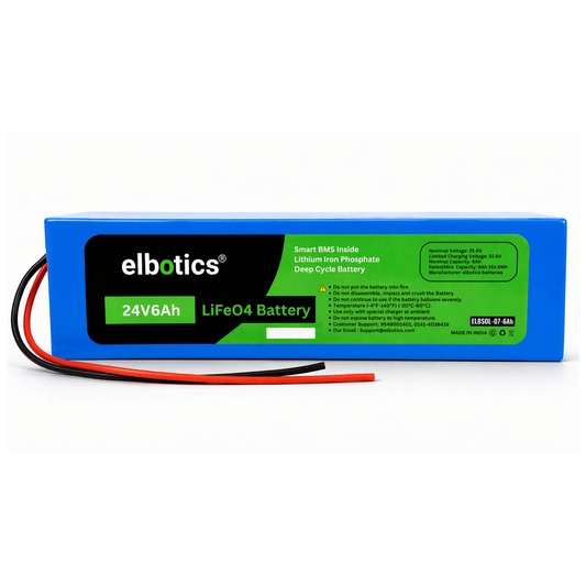 Elbotics 24V 6Ah LiFePO4 Battery Pack (25.6V 6000mAh) with Built-in BMS for Solar, E-Bikes, Scooters and DIY Projects