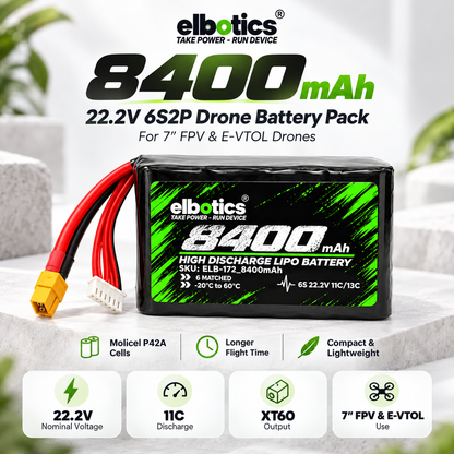 Elbotics 22.2V 8400mAh P42A  11C 6S2P Li-ion Drone Battery with XT60 for 7 Inch FPV and Small E-VTOL Drones