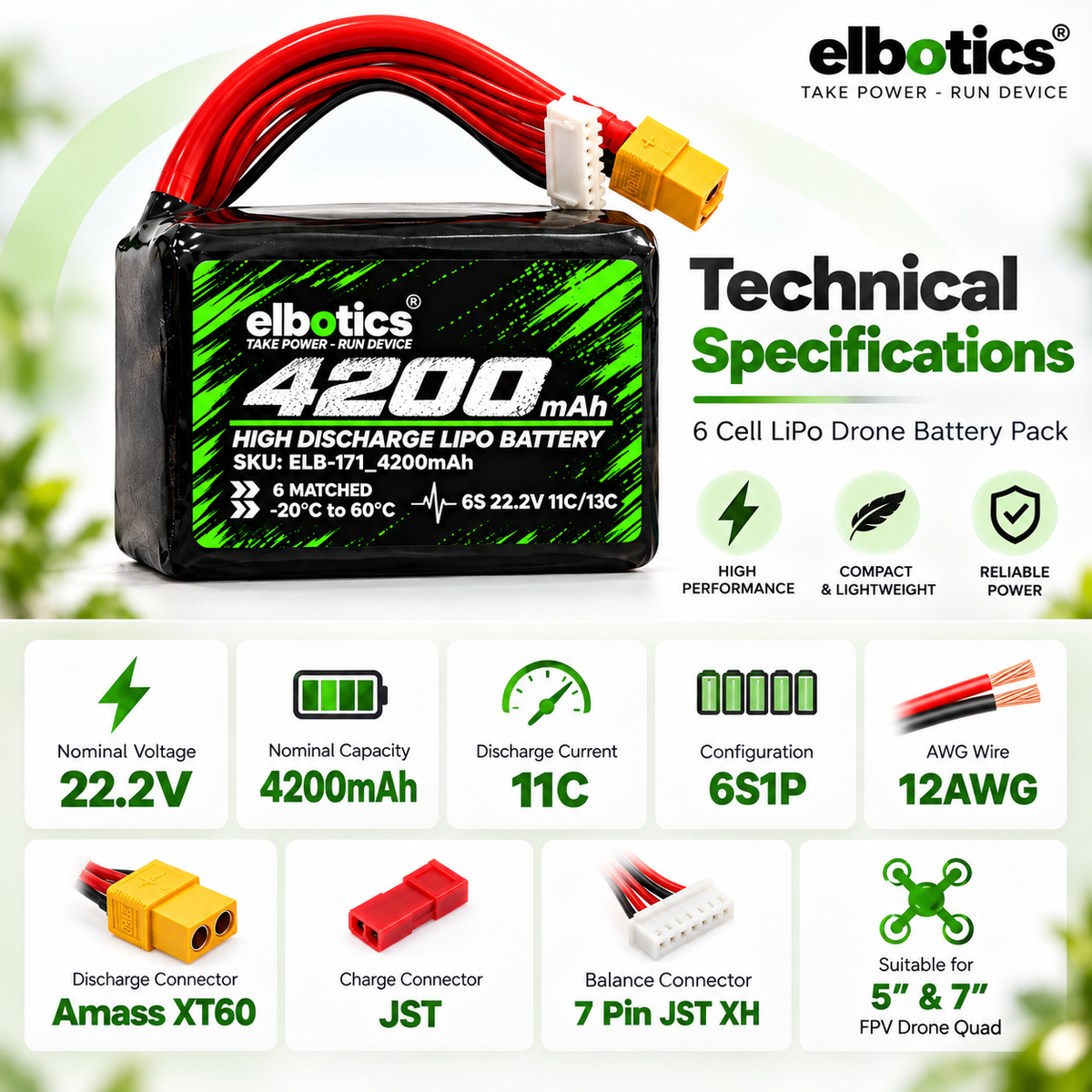 Elbotics P42A 22.2V 4200mAh 11C 6S1P Li-ion Drone Battery Pack with XT60 Connector for FPV and Small E-VTOL Drones
