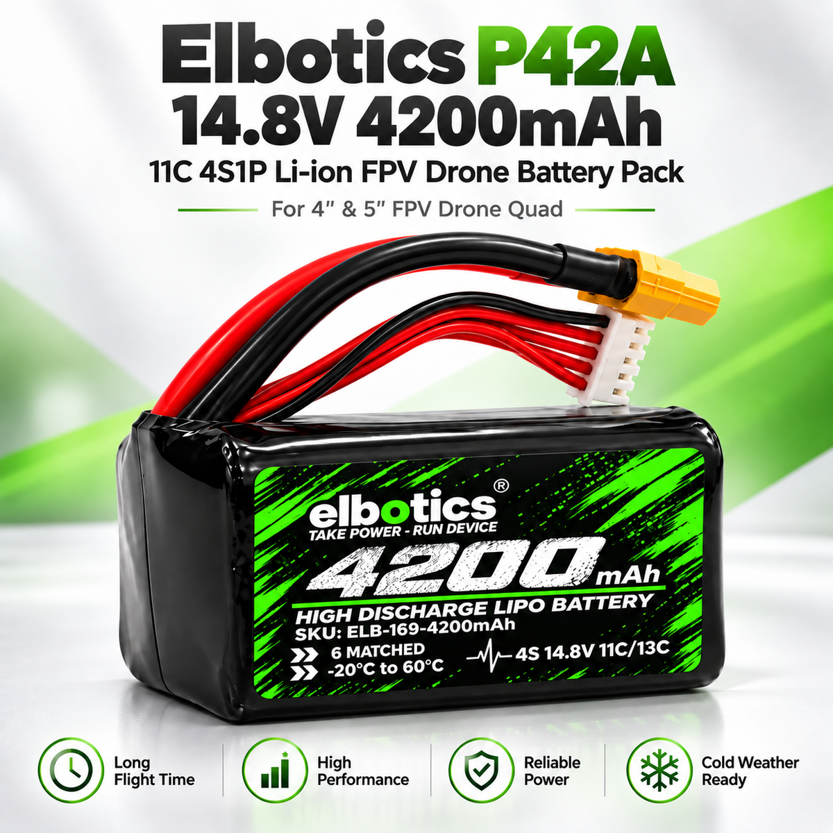 ELBOTICS 14.8V 4200mAh 4S1P Li-ion FPV Drone Battery Pack | Molicel P42A Cells, 11C High Discharge, XT60 Connector for 4 & 5 Inch Drones