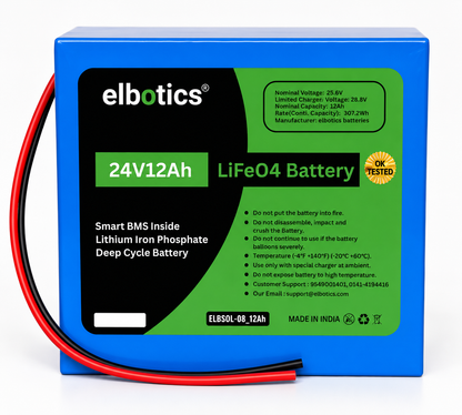 Elbotics 24V 12Ah LiFePO4 Battery Pack (25.6V 12000mAh) with Smart BMS for Solar Backup, E-Bikes and DIY Projects