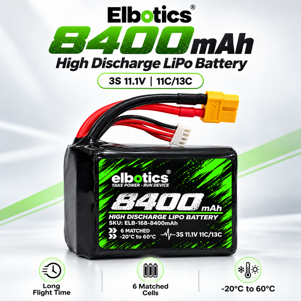 ELBOTICS 11.1V 8400mAh Li-ion Drone Battery Pack | Molicel P42A Cells | 11C High Discharge | XT60 Connector for FPV Drones & UAVs
