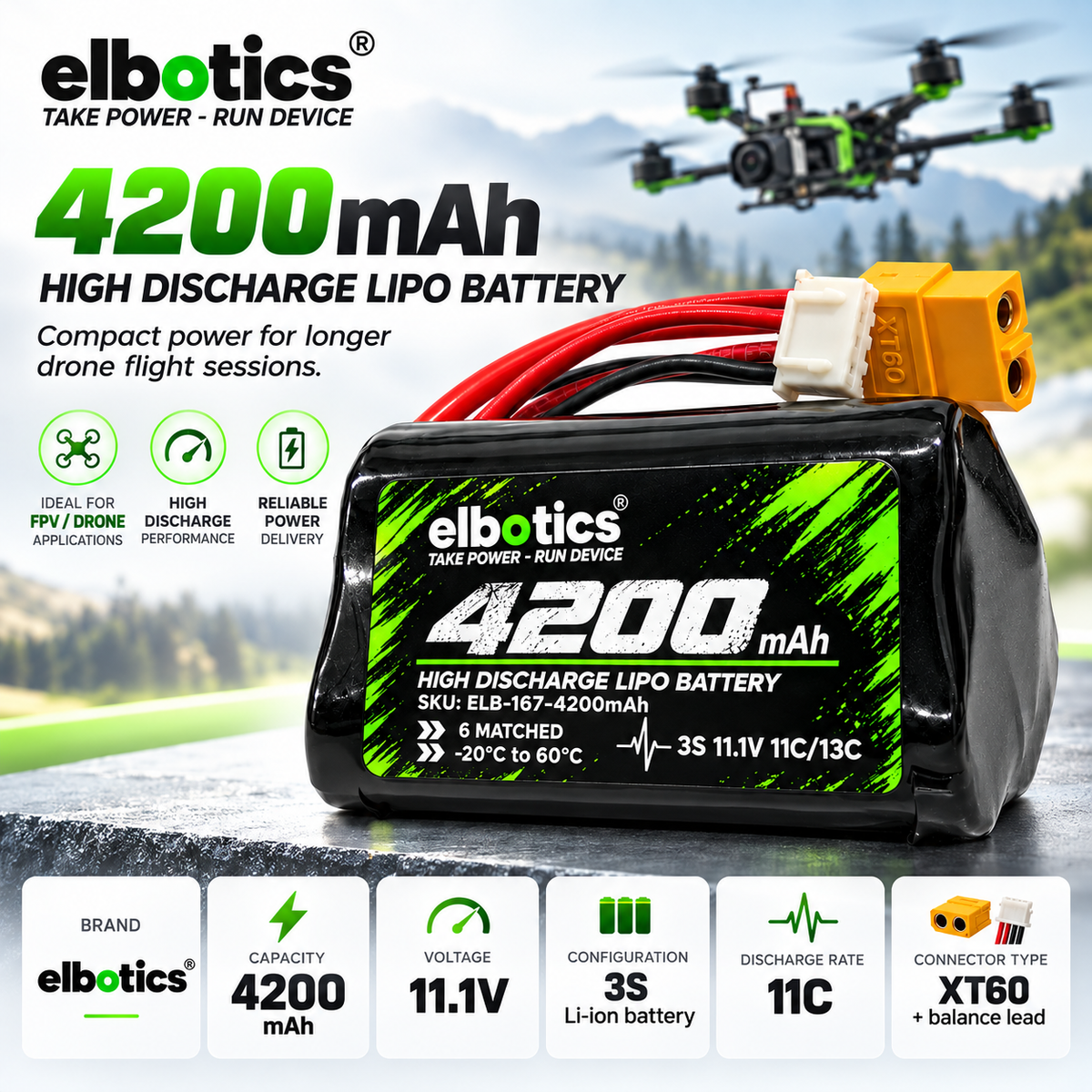 ELBOTICS 11.1V 4200mAh 3S1P Li-ion Drone Battery Pack | Molicel P42A Cells | 11C High Discharge | XT60 Connector for FPV Drones & UAVs