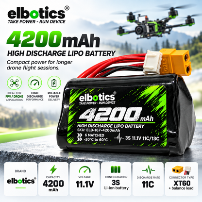ELBOTICS 11.1V 4200mAh 3S1P Li-ion Drone Battery Pack | Molicel P42A Cells | 11C High Discharge | XT60 Connector for FPV Drones & UAVs
