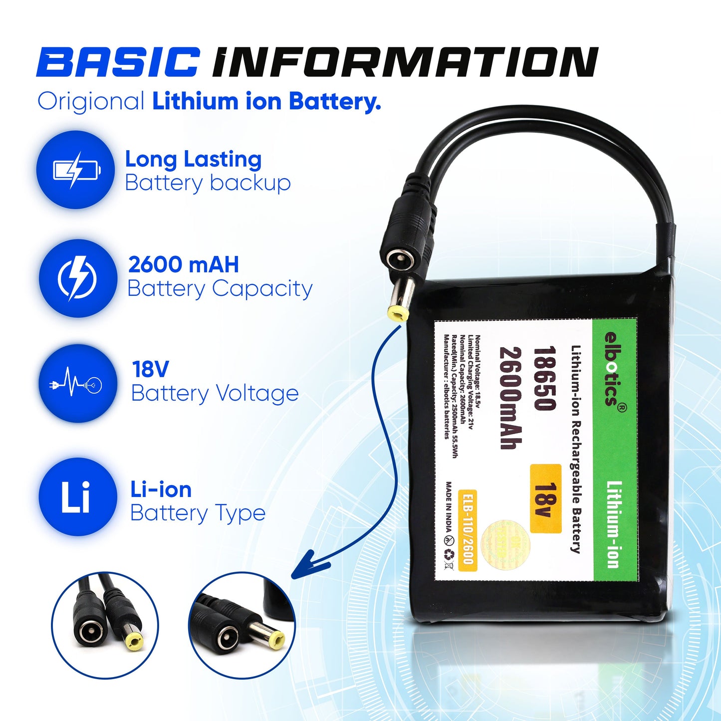 ELBOTICS 18V 2600mAh Rechargeable Lithium-Ion Battery Pack with 5.5mm DC Connector for Solar Panels, RC Cars, Drones, Robotics & DIY Electronics
