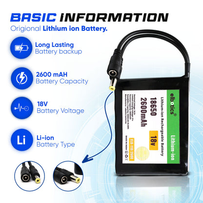 ELBOTICS 18V 2600mAh Rechargeable Lithium-Ion Battery Pack with 5.5mm DC Connector for Solar Panels, RC Cars, Drones, Robotics & DIY Electronics