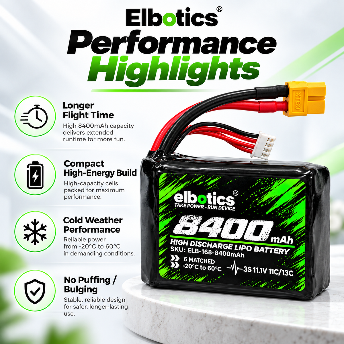 ELBOTICS 11.1V 8400mAh Li-ion Drone Battery Pack | Molicel P42A Cells | 11C High Discharge | XT60 Connector for FPV Drones & UAVs