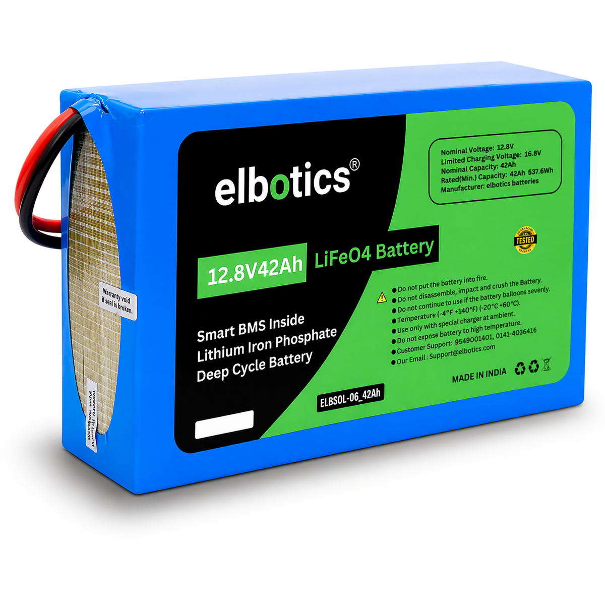 ELBOTICS 12.8V 42Ah LiFePO4 Lithium Battery for Solar & Inverter | 537.6Wh | Smart BMS | 2000+ Cycles | 3 Year Warranty