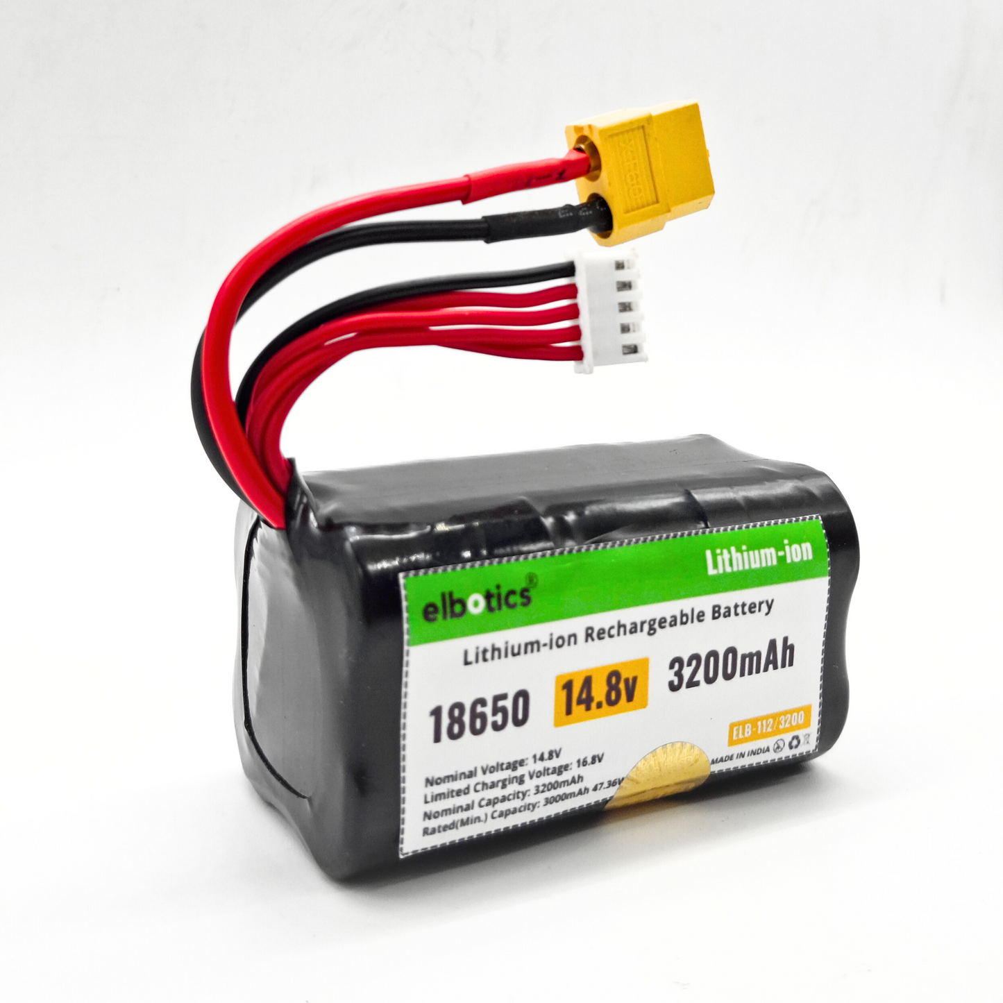ELBOTICS 14.8V 3200mAh Li-ion Rechargeable Battery Pack 18650 4S with XT60 Connector for RC Cars, Drones, Robots, DIY Projects, Quadcopters & Power Tools
