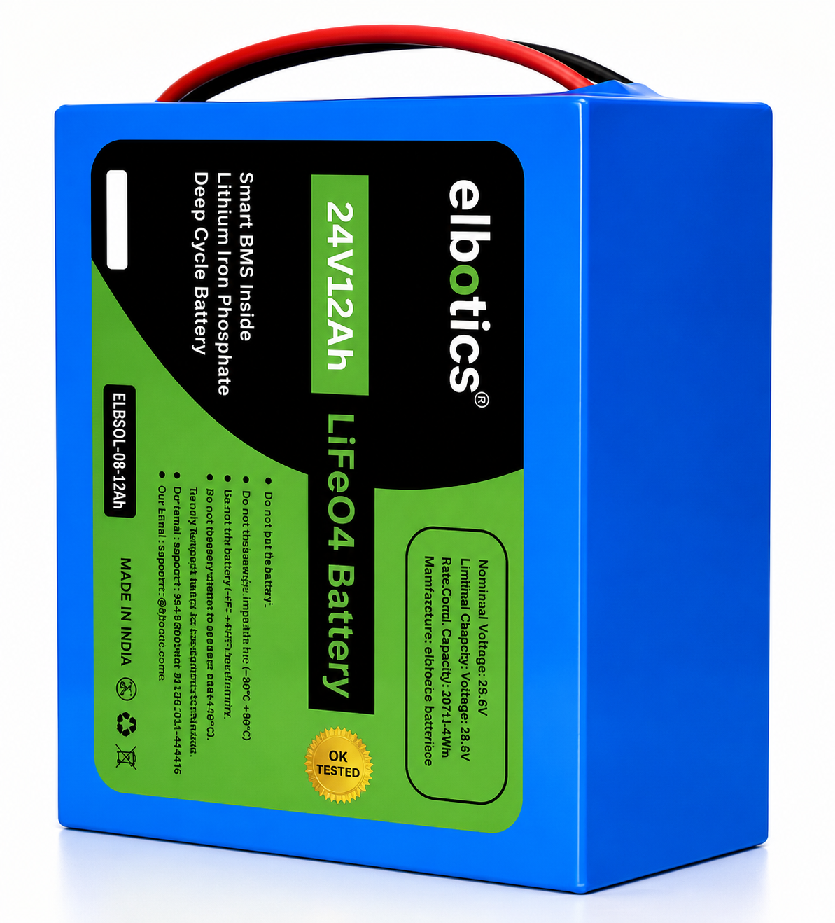 Elbotics 24V 12Ah LiFePO4 Battery Pack (25.6V 12000mAh) with Smart BMS for Solar Backup, E-Bikes and DIY Projects