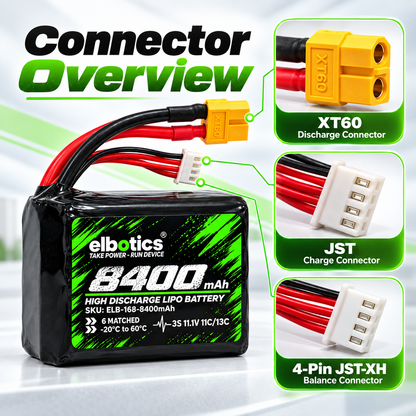 ELBOTICS 11.1V 8400mAh Li-ion Drone Battery Pack | Molicel P42A Cells | 11C High Discharge | XT60 Connector for FPV Drones & UAVs