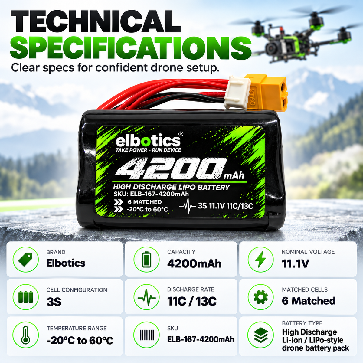 ELBOTICS 11.1V 4200mAh 3S1P Li-ion Drone Battery Pack | Molicel P42A Cells | 11C High Discharge | XT60 Connector for FPV Drones & UAVs