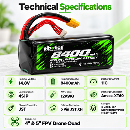 Elbotics P42A 14.8V 8400mAh 11C 4S2P Li-ion FPV Drone Battery Pack with Amass XT60 for 5 Inch and 7 Inch Quadcopters
