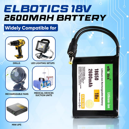 ELBOTICS 18V 2600mAh Rechargeable Lithium-Ion Battery Pack with 5.5mm DC Connector for Solar Panels, RC Cars, Drones, Robotics & DIY Electronics