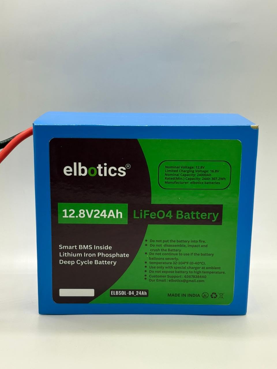 ELBOTICS 12.8V 24Ah LiFePO4 Rechargeable Battery with Smart BMS for Solar Inverter, UPS, Portable Power & Backup Applications