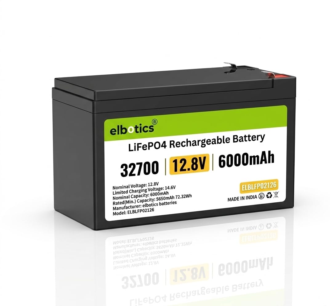 ELBOTICS 12.8V 6Ah LiFePO4 Rechargeable Battery with 10A Smart BMS for Solar, Camping, Fish Finder, UPS, RV & Emergency Power