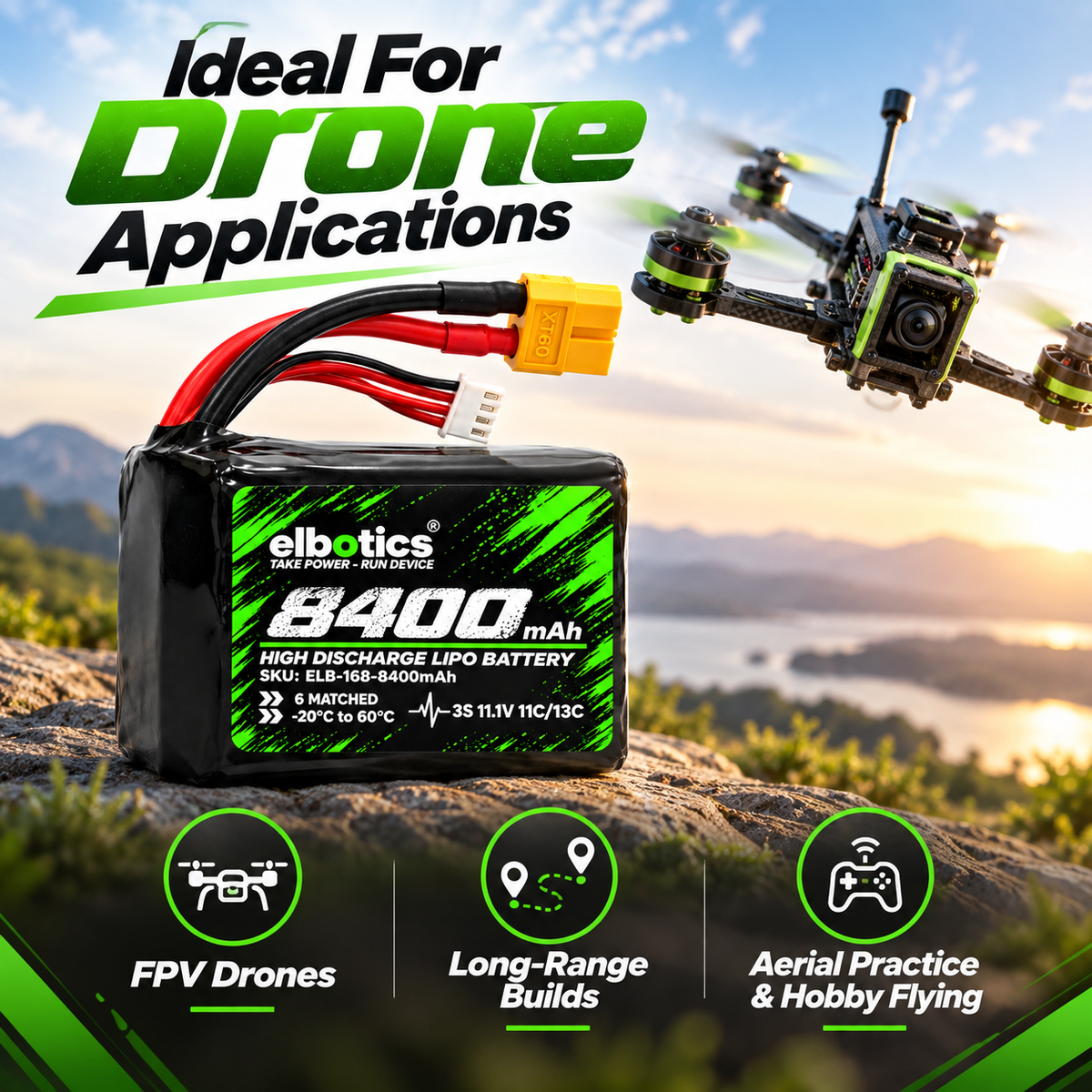 ELBOTICS 11.1V 8400mAh Li-ion Drone Battery Pack | Molicel P42A Cells | 11C High Discharge | XT60 Connector for FPV Drones & UAVs
