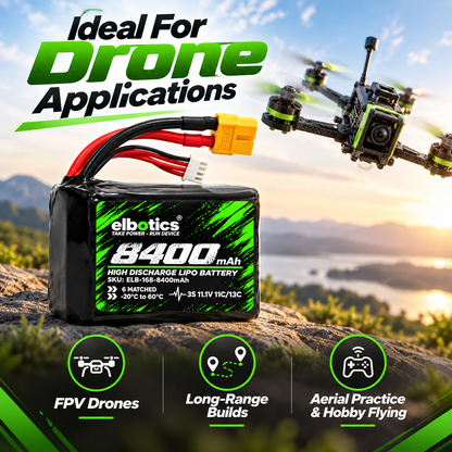 ELBOTICS 11.1V 8400mAh Li-ion Drone Battery Pack | Molicel P42A Cells | 11C High Discharge | XT60 Connector for FPV Drones & UAVs