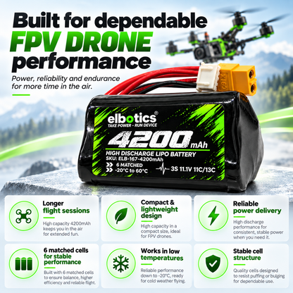 ELBOTICS 11.1V 4200mAh 3S1P Li-ion Drone Battery Pack | Molicel P42A Cells | 11C High Discharge | XT60 Connector for FPV Drones & UAVs