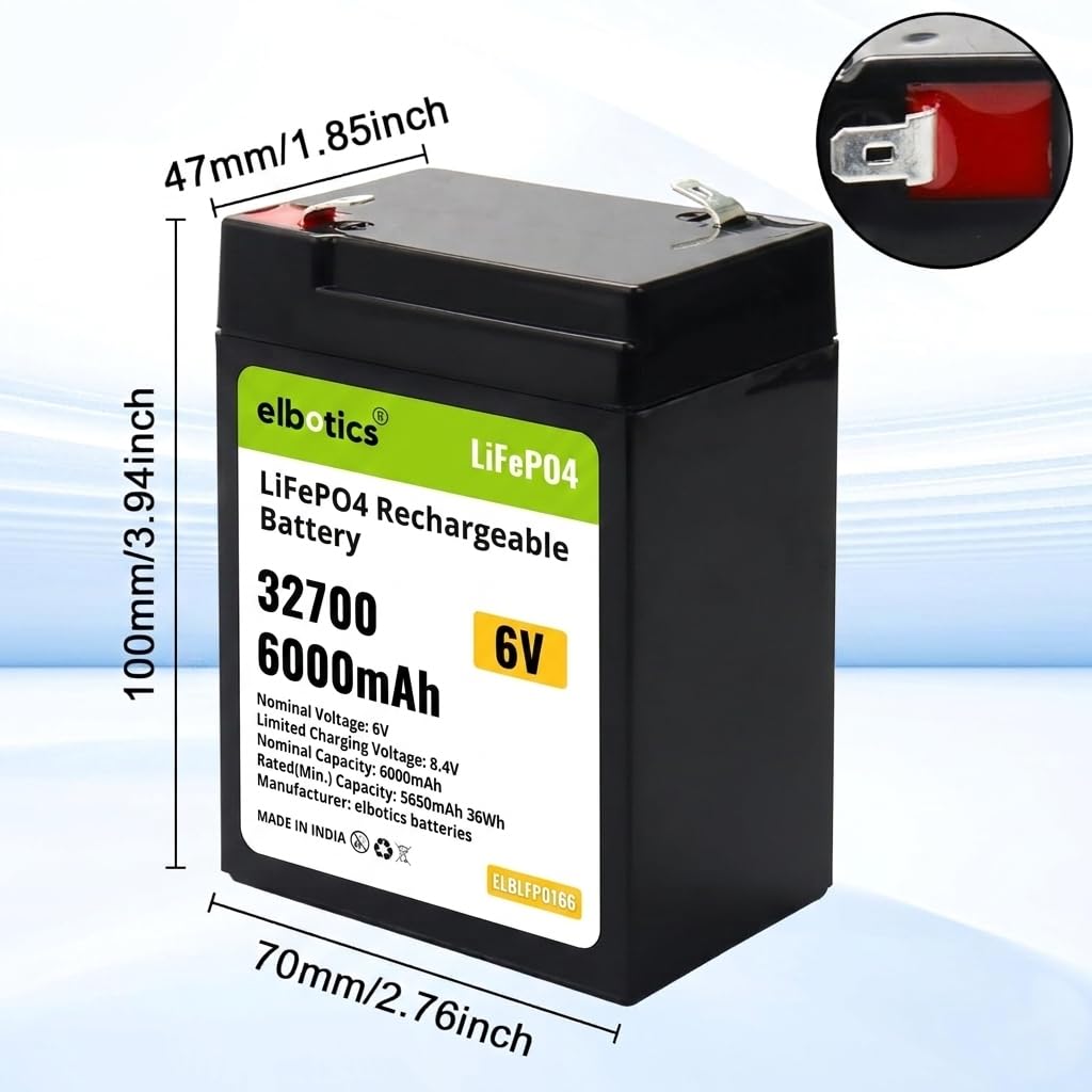 ELBOTICS 6.4V 6Ah LiFePO4 Rechargeable Battery with Smart BMS for Emergency Lighting, Toy Cars, Solar Panels, Camping & Fish Finders