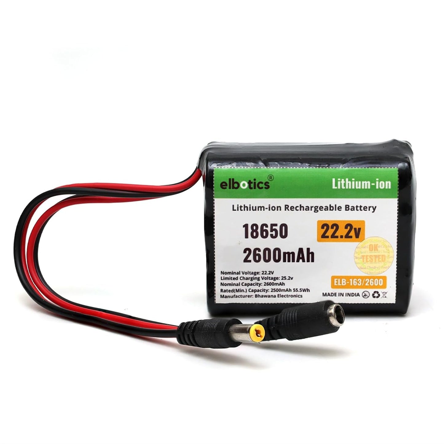 ELBOTICS 22.2V 2600mAh Li-ion Rechargeable Battery Pack, 25.2V Full Charge, 18650 Battery with DC5521 Connector for Robotics, RC Cars, LED Strips, CCTV & DIY Electronics