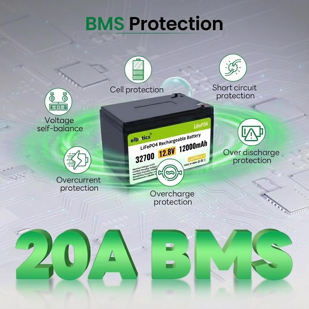ELBOTICS 12.8V 12Ah LiFePO4 Rechargeable Battery with Smart BMS for Agriculture Spray Pump, Solar Light, CCTV, UPS, Marine & RV Applications