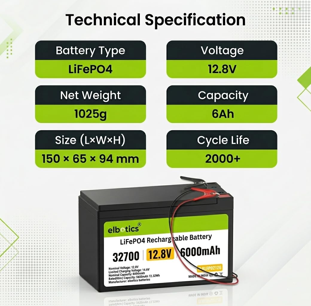 ELBOTICS 12.8V 6Ah LiFePO4 Rechargeable Battery with 10A Smart BMS for Solar, Camping, Fish Finder, UPS, RV & Emergency Power