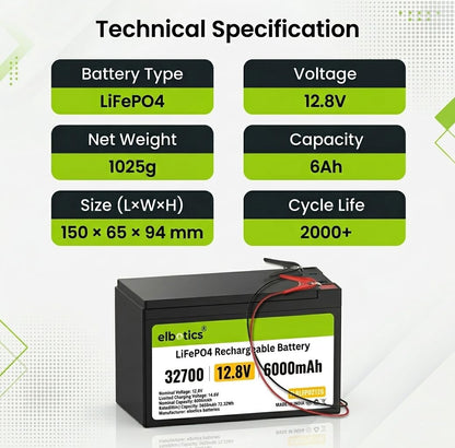 ELBOTICS 12.8V 6Ah LiFePO4 Rechargeable Battery with 10A Smart BMS for Solar, Camping, Fish Finder, UPS, RV & Emergency Power