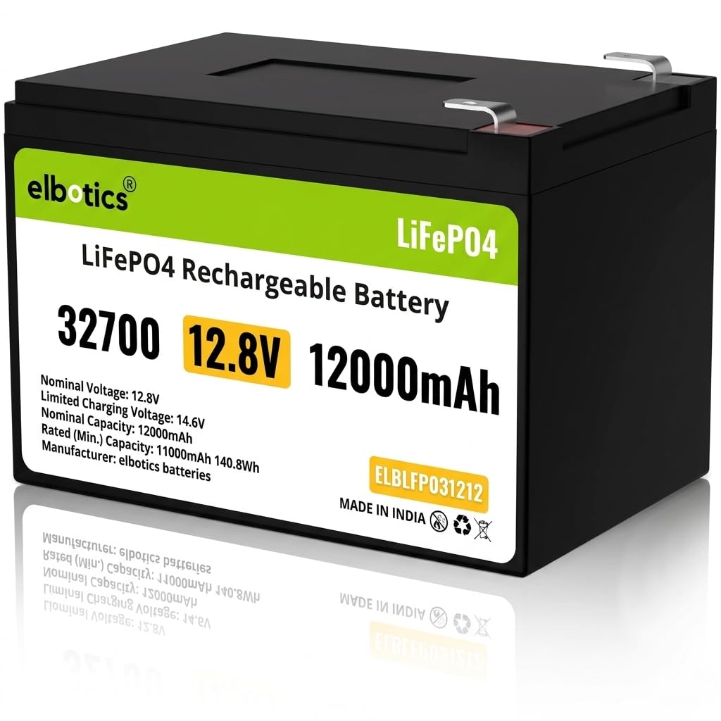 ELBOTICS 12.8V 12Ah LiFePO4 Rechargeable Battery with Smart BMS for Agriculture Spray Pump, Solar Light, CCTV, UPS, Marine & RV Applications
